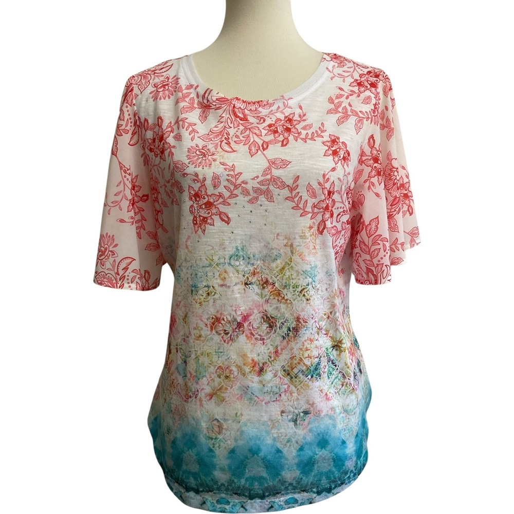 Concepts Flutter Sleeve Top Womens M Multicolor Floral Rhinestone Knit